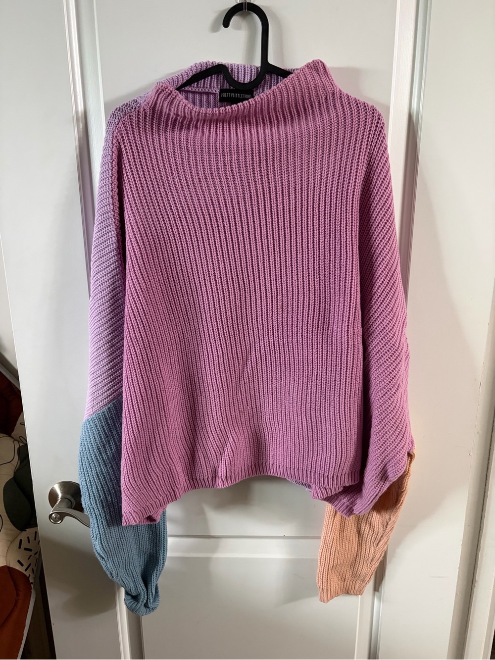 PrettyLittleThing Pink Colorblock Knit Sweater with Blue and Peach Sleeves